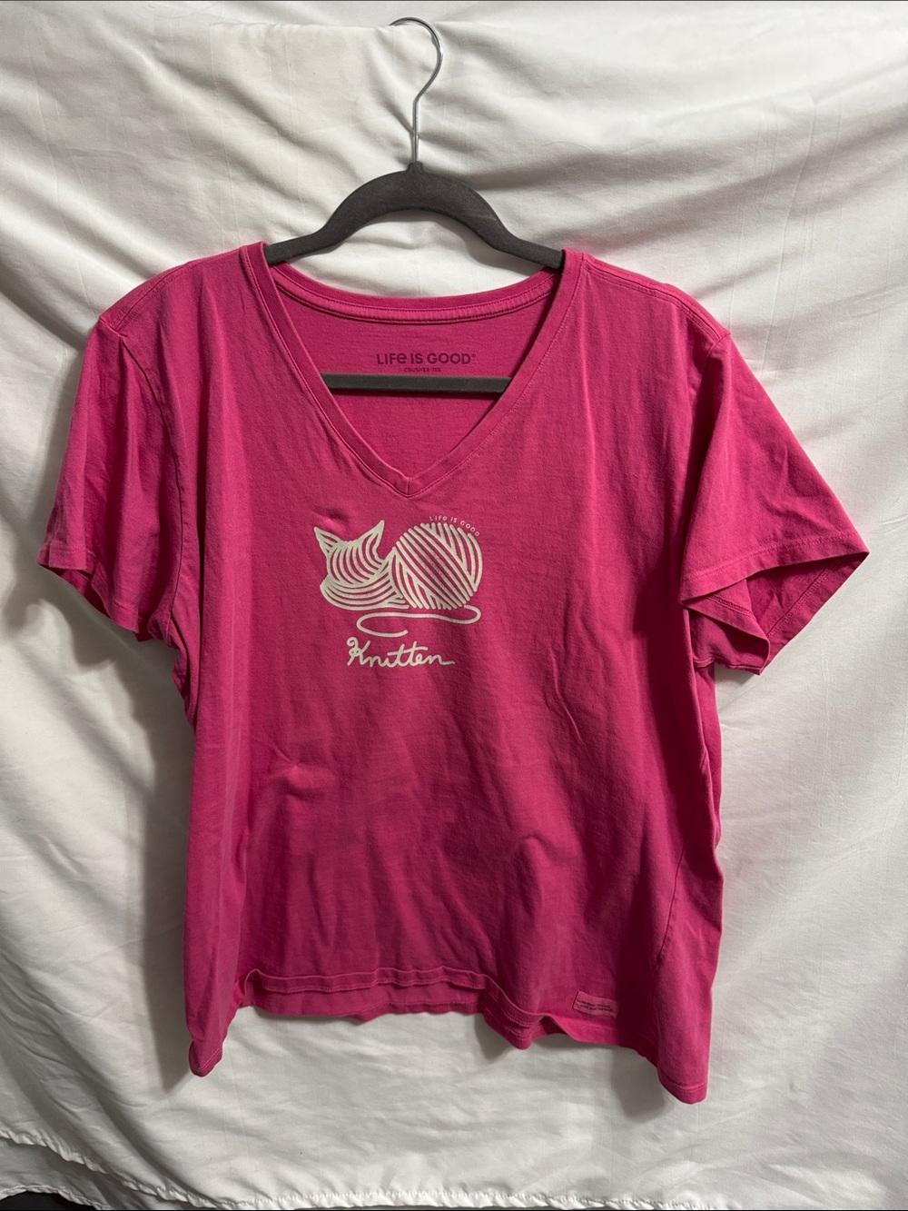 Life Is Good Hot Pink V-Neck Cat Yarn Graphic Tee